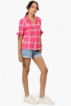 Urbanology Plaid Tie Sleeve Shirt - Pink