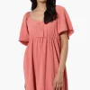 Urbanology Short Sleeve Smock Back Day Dress - Coral
