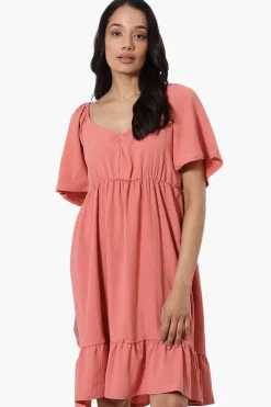 Urbanology Short Sleeve Smock Back Day Dress - Coral
