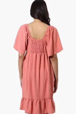 Urbanology Short Sleeve Smock Back Day Dress - Coral