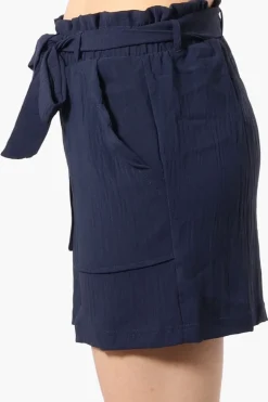 Urbanology Solid Belted Shorts - Navy