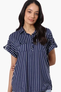 Urbanology Striped Button Down Short Sleeve Shirt - Navy