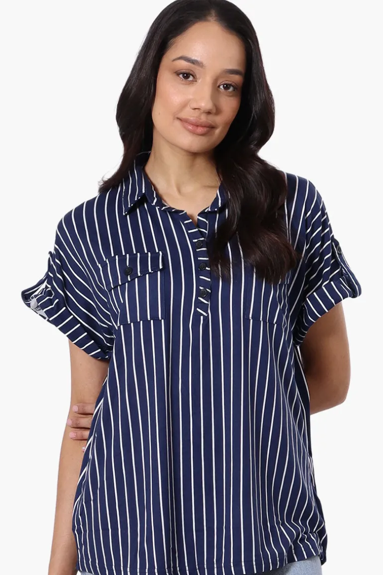 Urbanology Striped Button Down Short Sleeve Shirt - Navy
