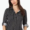 Urbanology Striped Roll Up Sleeve Button Up Shirt - Black