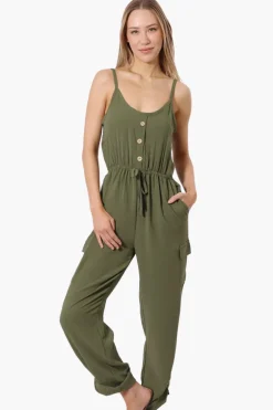 Urbanology Tie Waist Sleeveless Cargo Jumpsuit - Olive