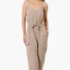 Urbanology Tie Waist Sleeveless Cargo Jumpsuit - Beige