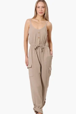 Urbanology Tie Waist Sleeveless Cargo Jumpsuit - Beige