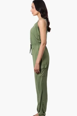 Urbanology Tie Waist Sleeveless Cargo Jumpsuit - Olive