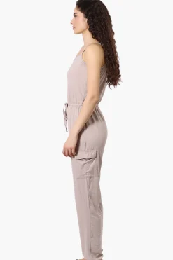 Urbanology Tie Waist Sleeveless Cargo Jumpsuit - Beige