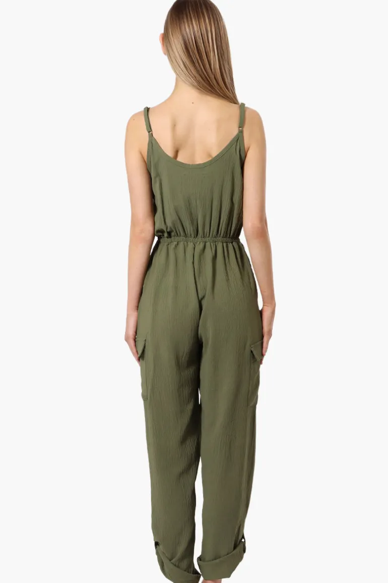 Urbanology Tie Waist Sleeveless Cargo Jumpsuit - Olive