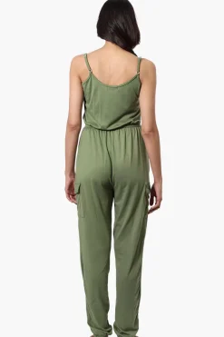 Urbanology Tie Waist Sleeveless Cargo Jumpsuit - Olive