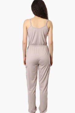 Urbanology Tie Waist Sleeveless Cargo Jumpsuit - Beige