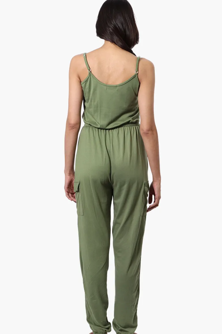 Urbanology Tie Waist Sleeveless Cargo Jumpsuit - Olive
